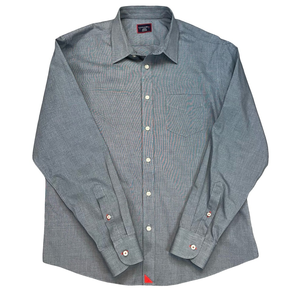 UNTUCKit Mens Button Down Shirt Navy Micro Check Wrinkle Free Pio Cesare Large